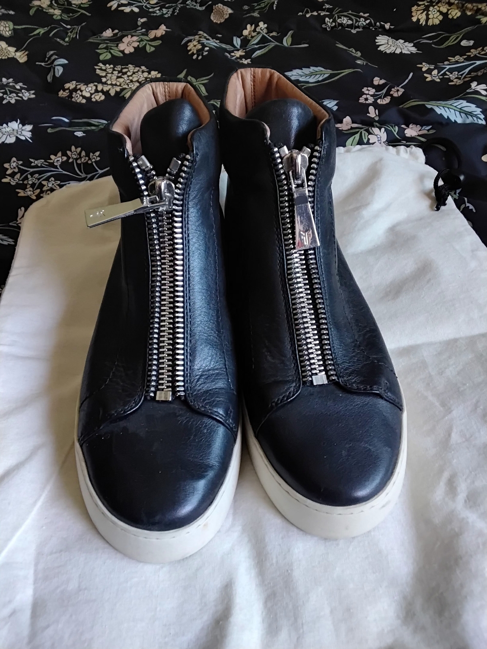Frye Black Leather Zip-Front High-Top Sneakers